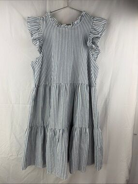 Mudpie Blue & White Striped Tiered Ruffle Sleeve Tie Back Size Large Kids Dress